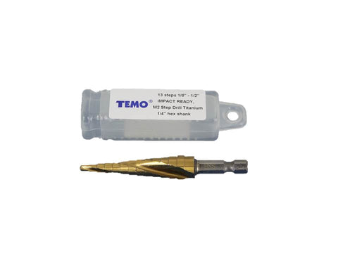 TEMO HSS High Speed Steel Spiral Flute Step Drill 13 sizes 1/8" to 1/2" Titanium