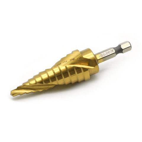 TEMO 12 Sizes M35 Cobalt Spiral Flute Step Drill with Titanium Coating, from 3/16 Inch to 7/8 Inch, 1/4 Inch Hex Shank