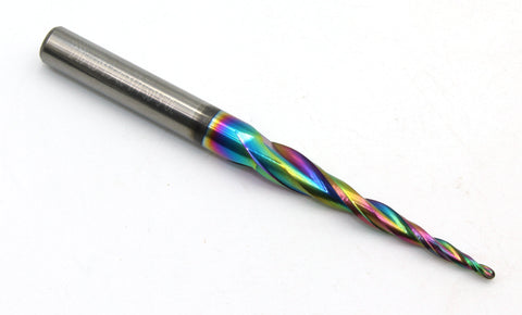 TMAX Rainbow Coated Carbide Milling Cutters 2 Flutes Engraving Ball Tapered Angle 3.6 Deg, 1/16"CD X 1-1/2"CL X 1/4"SD x 3"OL