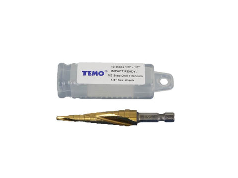 TEMO M2 Hss High Speed Steel Spiral Flute Step Drill, 13 Sizes From 1/8 Inch To 1/2 Inch, Titanium Coated 1/4 Inch Hex Shank