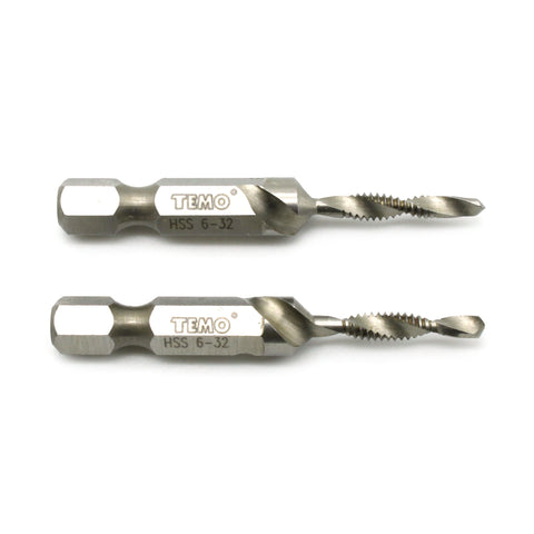 TEMO 2 pc 6-32 Combination Drill and Tap Multi Use Deburr Countersink Hex Bit