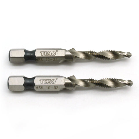 TEMO 2 pc 10-32 Combination Drill and Tap Multi Use Deburr Countersink Hex Bit