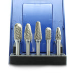 TEMO 5 pc Set Double Cut Carbide Rotary Burr File Tool, 1/2 Inch and 3/8 Inch Heads, 1/4 Inch Diameter 2 Inch Long Shank