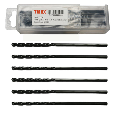 TMAX 6 pc 3/16-Inch×6-Inch Aircraft Extension Black Oxide Drill Bit