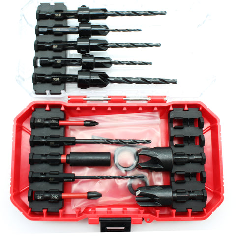 TMAX 15pc Countersink Drill Bit Set for Screws,With Tapered Drills, Wood Plug Cutters And PH bits